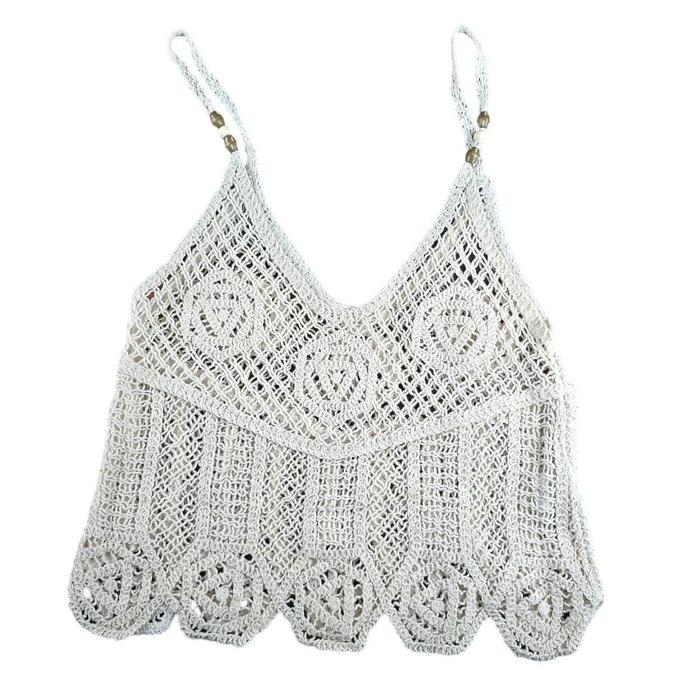 Miss Me Womens Crochet Tank Top Medium Hippie Festival Beaded